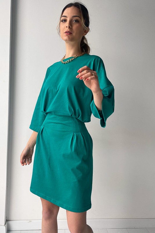 ELB-01583 Yeşil Bel Detaylı Fakir Kol Basic Elbise