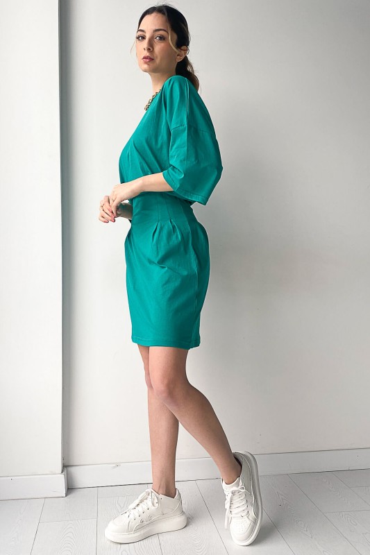 ELB-01583 Yeşil Bel Detaylı Fakir Kol Basic Elbise