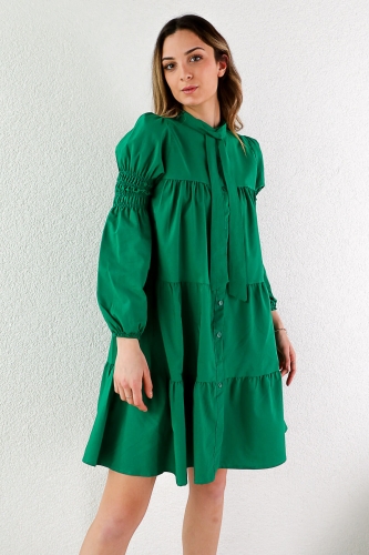 Cappmoda - ELB-01584 Yeşil Balon Kol Boyun Bağlamalı Düğmeli Elbise (1)