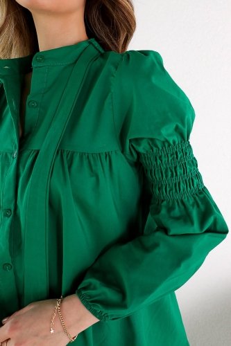ELB-01584 Yeşil Balon Kol Boyun Bağlamalı Düğmeli Elbise - Thumbnail