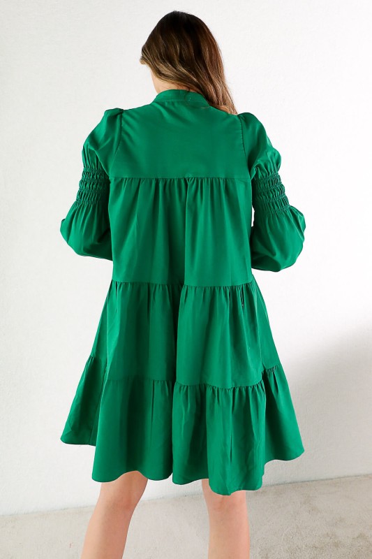 ELB-01584 Yeşil Balon Kol Boyun Bağlamalı Düğmeli Elbise