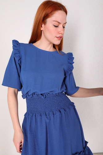 ELB-01585 Mavi Bel Lastikli Pileli Uzun Elbise - Thumbnail