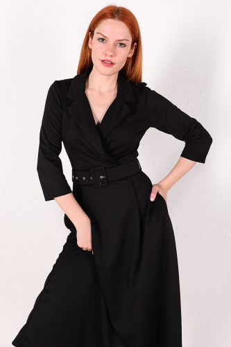 Cappmoda - ELB-01590 Siyah Kemerli Klasik Yaka Elbise (1)