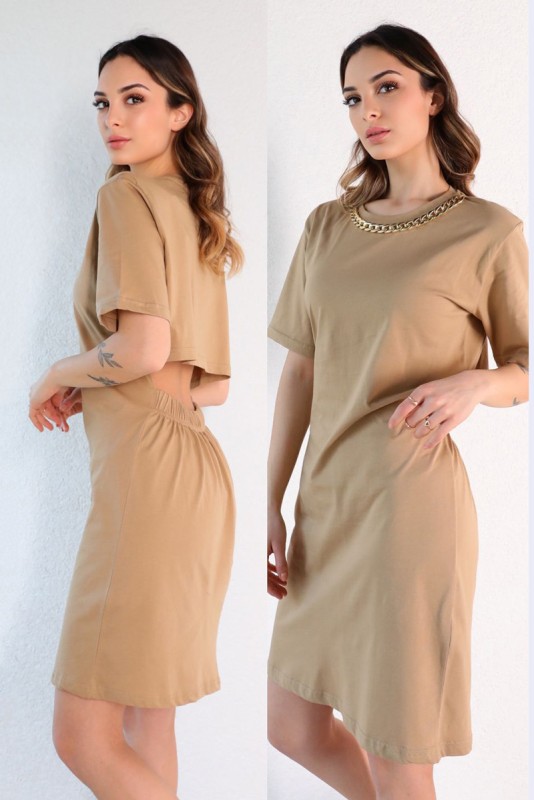 ELB-01598 Vizon Bel Dekolteli Zincir Detay Basic Elbise