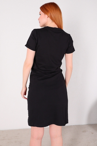 ELB-01605 Siyah Ön Bağlamalı Basic Pamuklu Elbise - Thumbnail