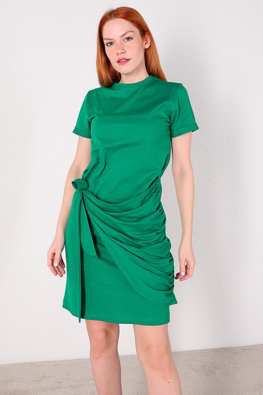 ELB-01605 Yeşil Ön Bağlamalı Basic Pamuklu Elbise