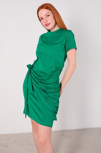 ELB-01605 Yeşil Ön Bağlamalı Basic Pamuklu Elbise - Thumbnail