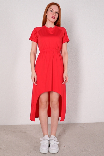 ELB-01606 Kırmızı Ön Kısa Arka Uzun Basic Pamuklu Elbise - Thumbnail