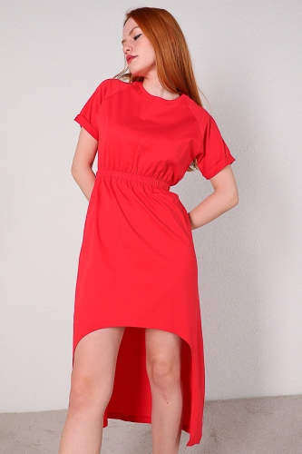 ELB-01606 Kırmızı Ön Kısa Arka Uzun Basic Pamuklu Elbise - Thumbnail