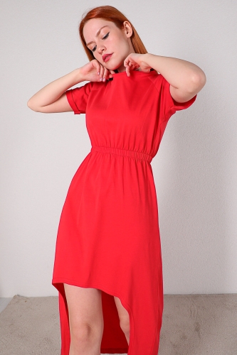 Cappmoda - ELB-01606 Kırmızı Ön Kısa Arka Uzun Basic Pamuklu Elbise (1)