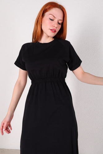 ELB-01606 Siyah Ön Kısa Arka Uzun Basic Pamuklu Elbise - Thumbnail