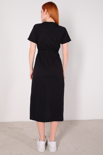 ELB-01606 Siyah Ön Kısa Arka Uzun Basic Pamuklu Elbise - Thumbnail