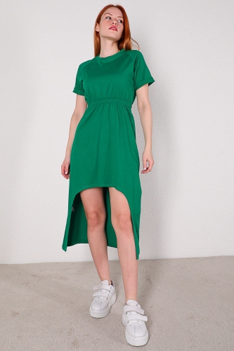 ELB-01606 Yeşil Ön Kısa Arka Uzun Basic Pamuklu Elbise - Thumbnail