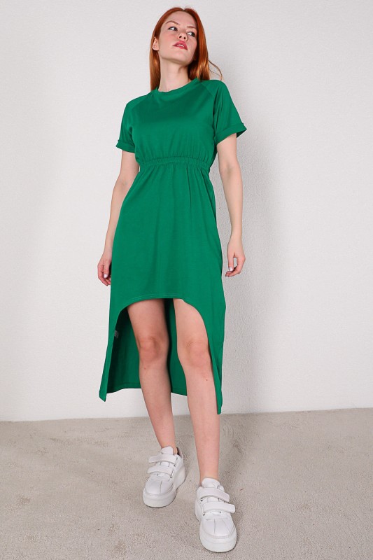 ELB-01606 Yeşil Ön Kısa Arka Uzun Basic Pamuklu Elbise