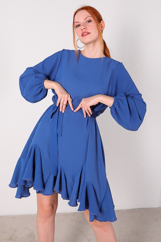 ELB-01607 Mavi Kuşaklı Pileli Salaş Elbise