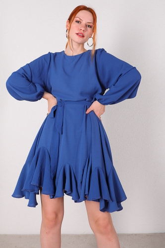ELB-01607 Mavi Kuşaklı Pileli Salaş Elbise - Thumbnail