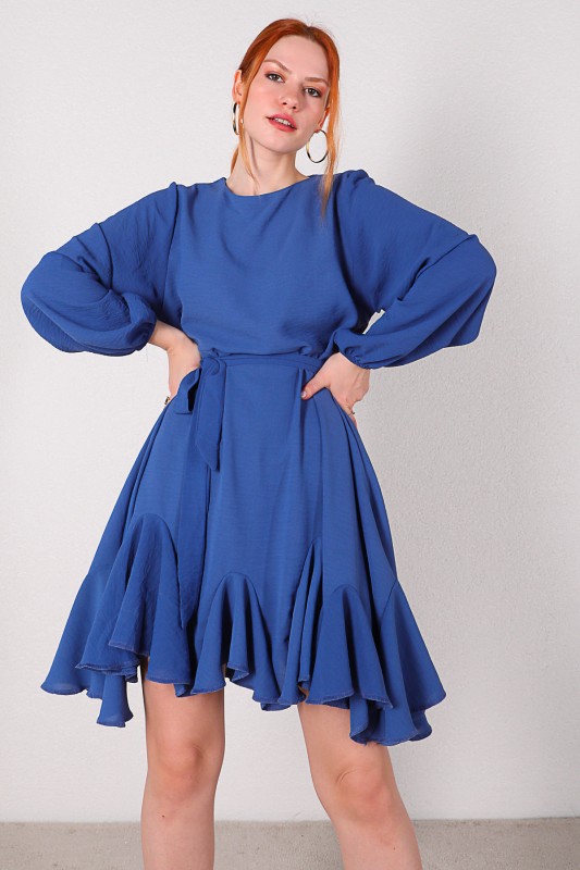 ELB-01607 Mavi Kuşaklı Pileli Salaş Elbise