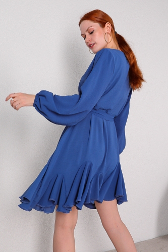 ELB-01607 Mavi Kuşaklı Pileli Salaş Elbise - Thumbnail