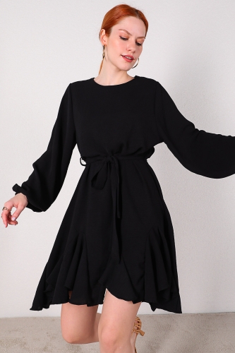 ELB-01607 Siyah Kuşaklı Pileli Salaş Elbise - Thumbnail