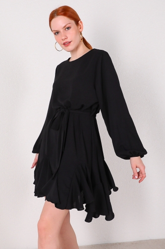 ELB-01607 Siyah Kuşaklı Pileli Salaş Elbise - Thumbnail