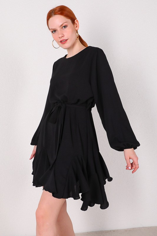ELB-01607 Siyah Kuşaklı Pileli Salaş Elbise