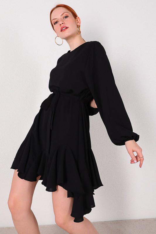 ELB-01607 Siyah Kuşaklı Pileli Salaş Elbise