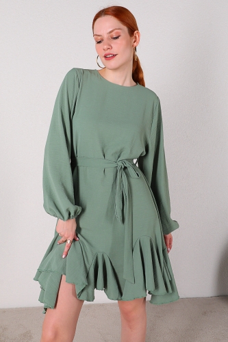 ELB-01607 Yeşil Kuşaklı Pileli Salaş Elbise - Thumbnail