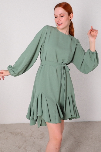 Cappmoda - ELB-01607 Yeşil Kuşaklı Pileli Salaş Elbise (1)