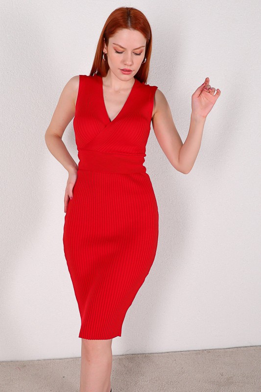 ELB-01609 Kırmızı V Yaka Bel Detaylı Mevsimlik Triko Elbise