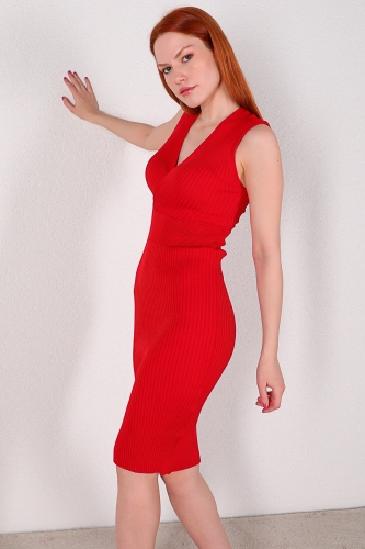 ELB-01609 Kırmızı V Yaka Bel Detaylı Mevsimlik Triko Elbise - Thumbnail