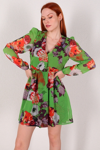 ELB-01610 Yeşil Çiçekli V Yaka Şifon Elbise - Thumbnail