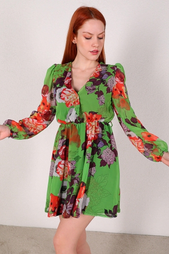 ELB-01610 Yeşil Çiçekli V Yaka Şifon Elbise - Thumbnail