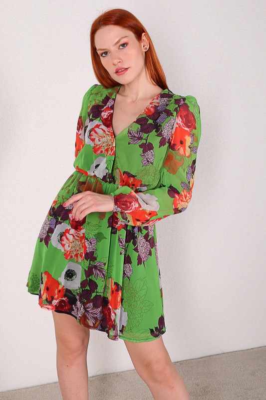 ELB-01610 Yeşil Çiçekli V Yaka Şifon Elbise