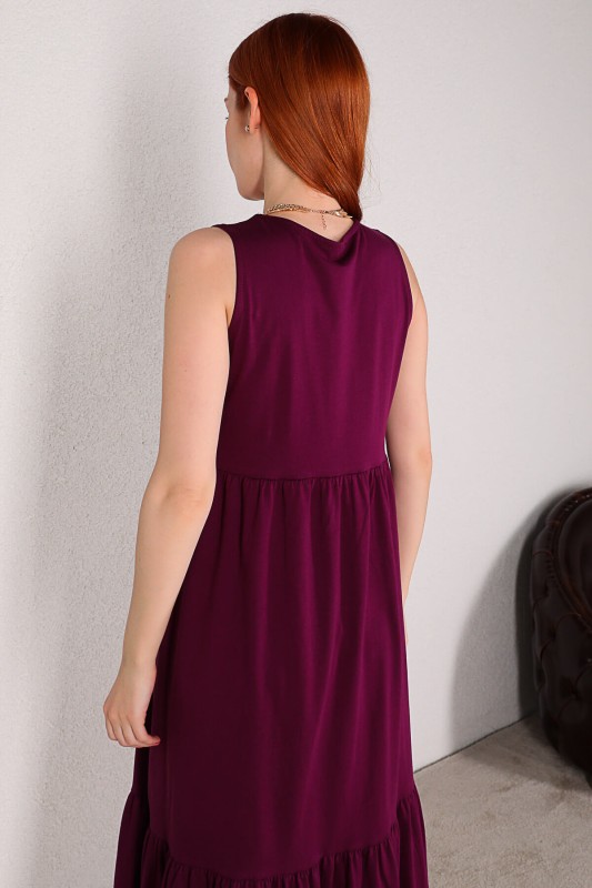 ELB-01612 Mürdüm Rengi Kat Kat Sıfır Kol Uzun Elbise