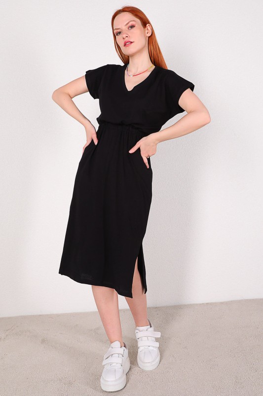 ELB-01619 Siyah Bel Lastikli V Yaka Basic Elbise
