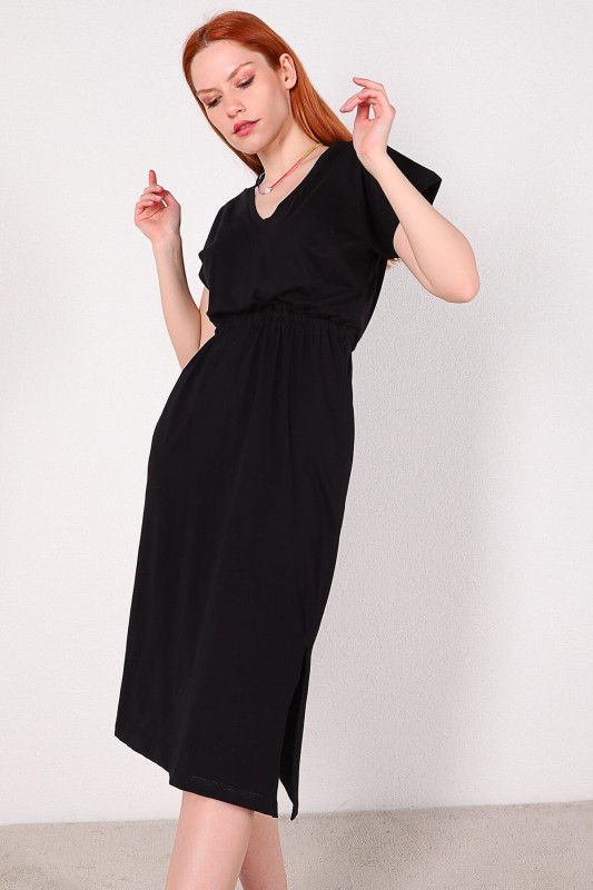 ELB-01619 Siyah Bel Lastikli V Yaka Basic Elbise