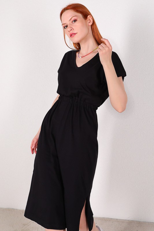ELB-01619 Siyah Bel Lastikli V Yaka Basic Elbise