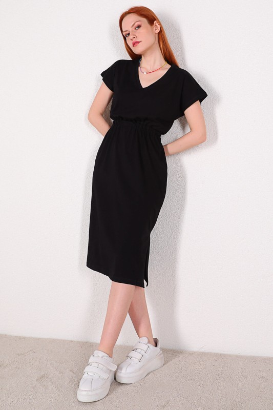 ELB-01619 Siyah Bel Lastikli V Yaka Basic Elbise