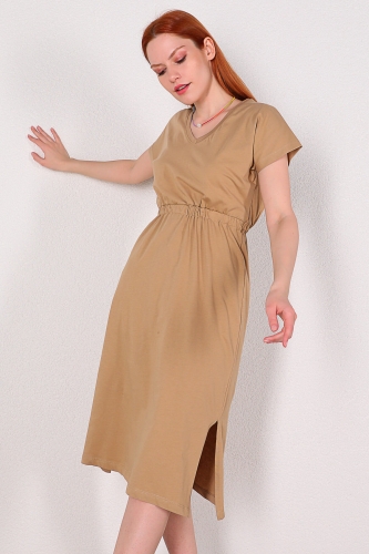 Cappmoda - ELB-01619 Vizon Bel Lastikli V Yaka Basic Elbise (1)