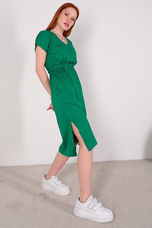 ELB-01619 Yeşil Bel Lastikli V Yaka Basic Elbise