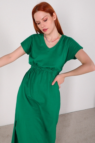 ELB-01619 Yeşil Bel Lastikli V Yaka Basic Elbise - Thumbnail