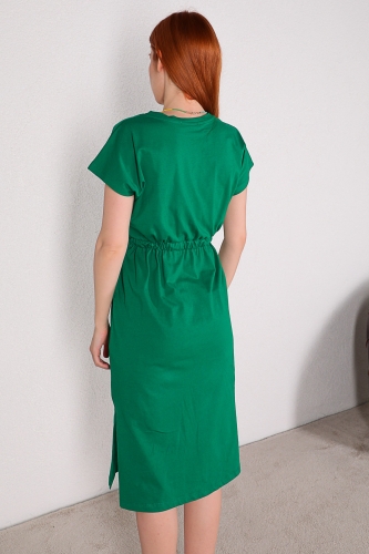 ELB-01619 Yeşil Bel Lastikli V Yaka Basic Elbise - Thumbnail