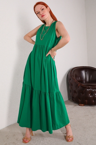 ELB-01612 Yeşil Kat Kat Sıfır Kol Uzun Elbise - Thumbnail