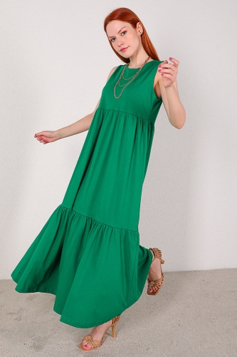 ELB-01612 Yeşil Kat Kat Sıfır Kol Uzun Elbise - Thumbnail