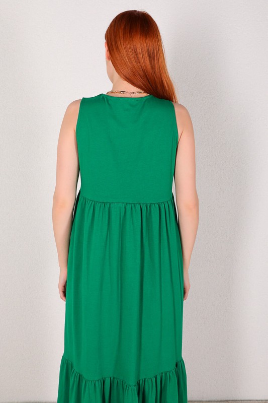 ELB-01612 Yeşil Kat Kat Sıfır Kol Uzun Elbise