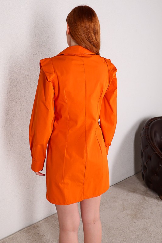 ELB-01615 Turuncu Bel Detaylı Mevsimlik Gömlek Elbise