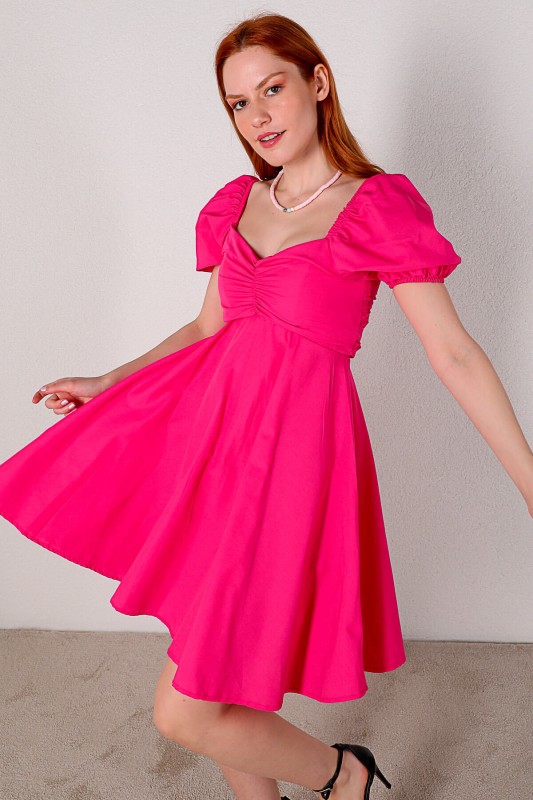 ELB-01616 Pembe Balon Kol Kalp Yaka Yazlık Elbise