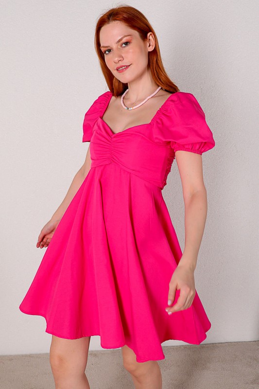 ELB-01616 Pembe Balon Kol Kalp Yaka Yazlık Elbise
