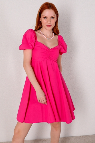 ELB-01616 Pembe Balon Kol Kalp Yaka Yazlık Elbise - Thumbnail