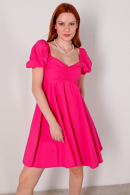 ELB-01616 Pembe Balon Kol Kalp Yaka Yazlık Elbise